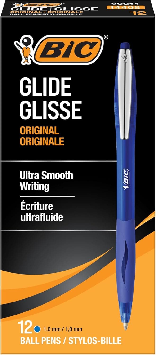 BIC Glide Blue Retractable Ballpoint Pens, Medium Point (1.0mm), 12-Count Pack, Ultra Smooth Writing Blue Pens