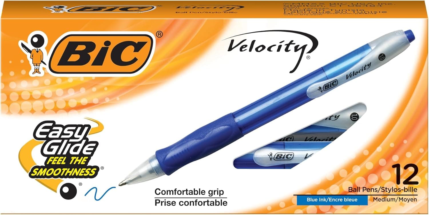 BIC Velocity Retractable Ballpoint Pens, Medium Point (1.0 mm), Blue Ink Pens, 12-Count Pack, With Comfortable Grip