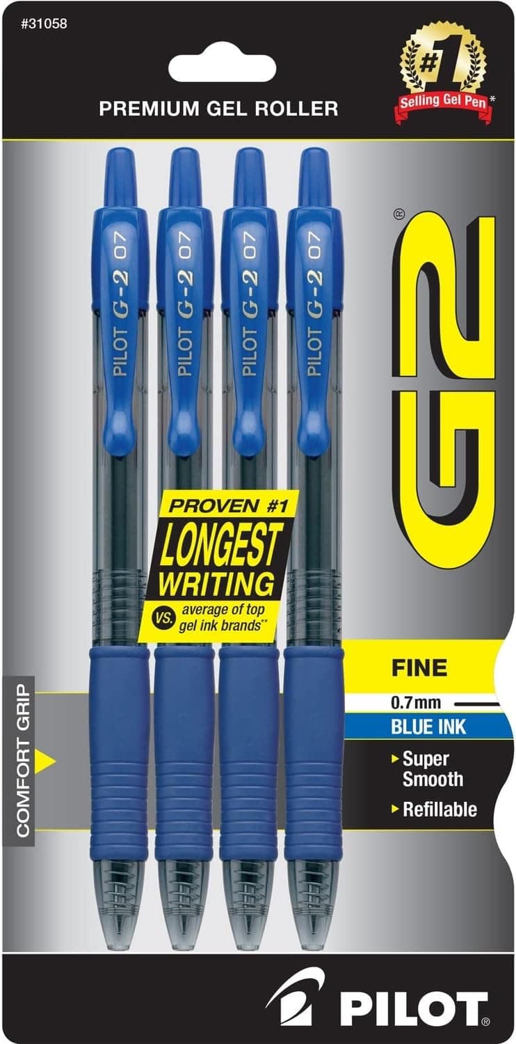 Pilot G2 Premium Gel Roller Pens, Fine Point 0.7 mm, Blue Ink Pens, Pack of 4 - Ideal for School, Journaling, and Office Writing