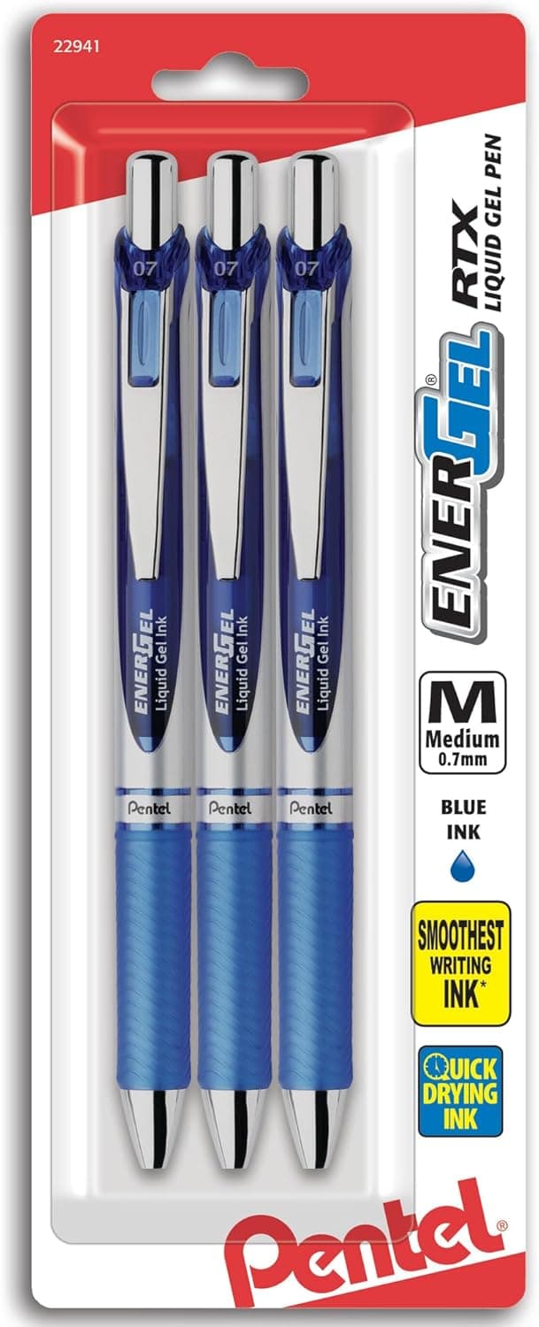 Pentel EnerGel Deluxe RTX Gel Ink Pens, 0.7 Millimeter Metal Tip, Blue Ink, 3-Pack (BL77BP3C)