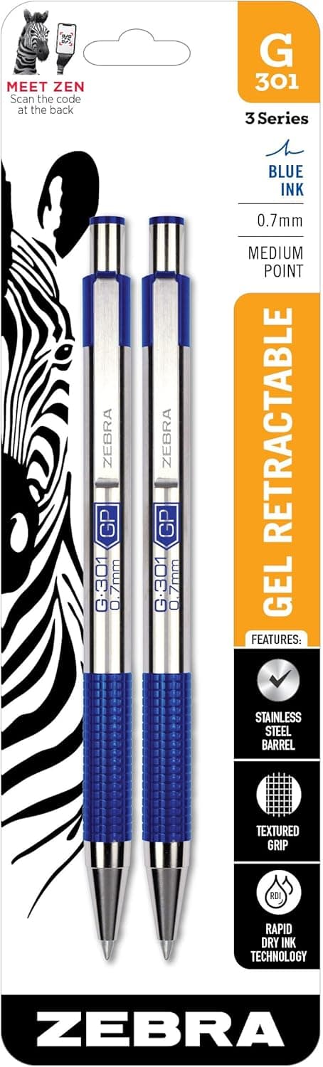 Zebra Pen G-301 Retractable Gel Pen, 0.7mm Medium Point, Stainless Steel Barrel, Textured Grip, Easy Glide Ink Provides a Smooth and Skipless Writing Experience, Blue Ink, 2-Pack (41322)