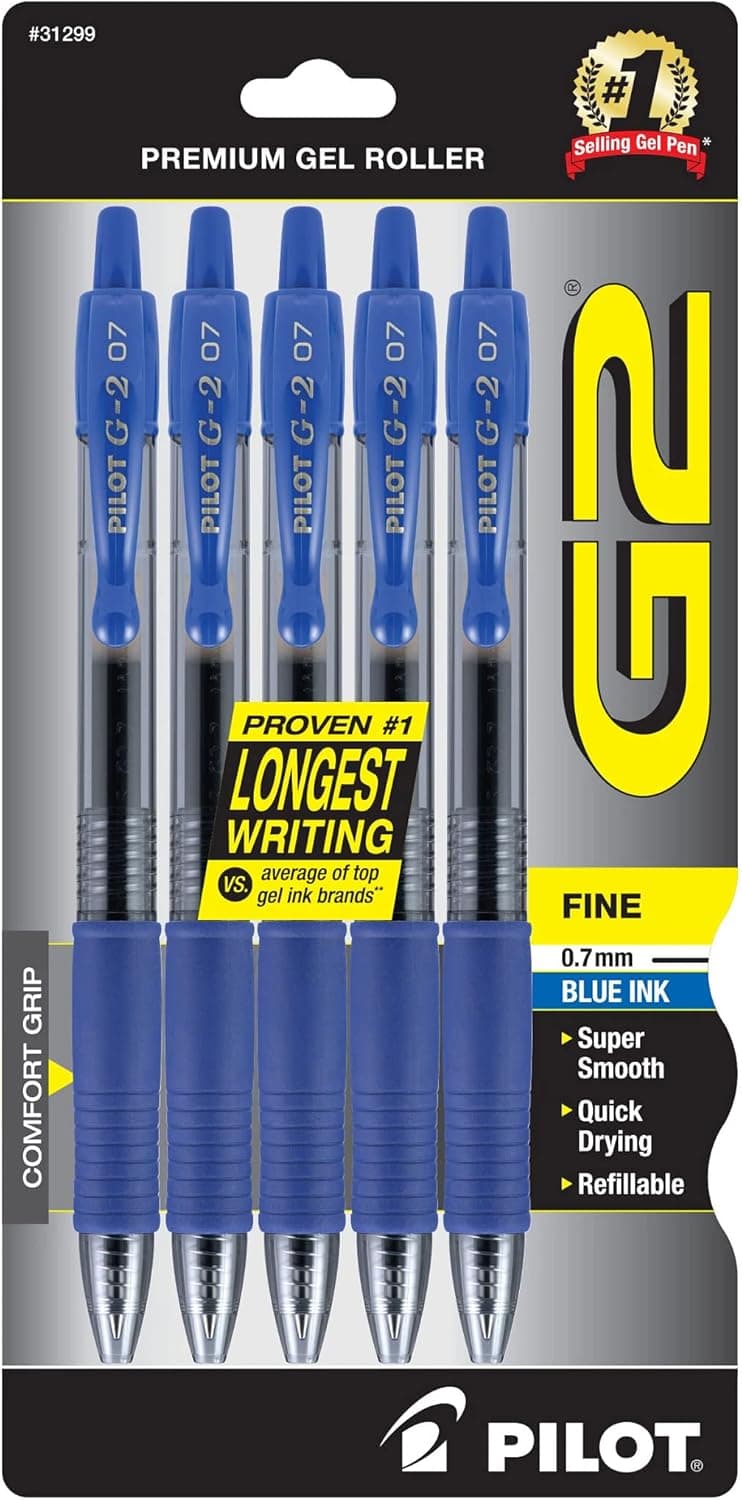 Pilot G2 Premium Gel Roller Pens, Fine Point 0.7 mm, Blue Ink Pens Fine Point, Pack of 5 - Ideal for School, Journaling, and Office Writing