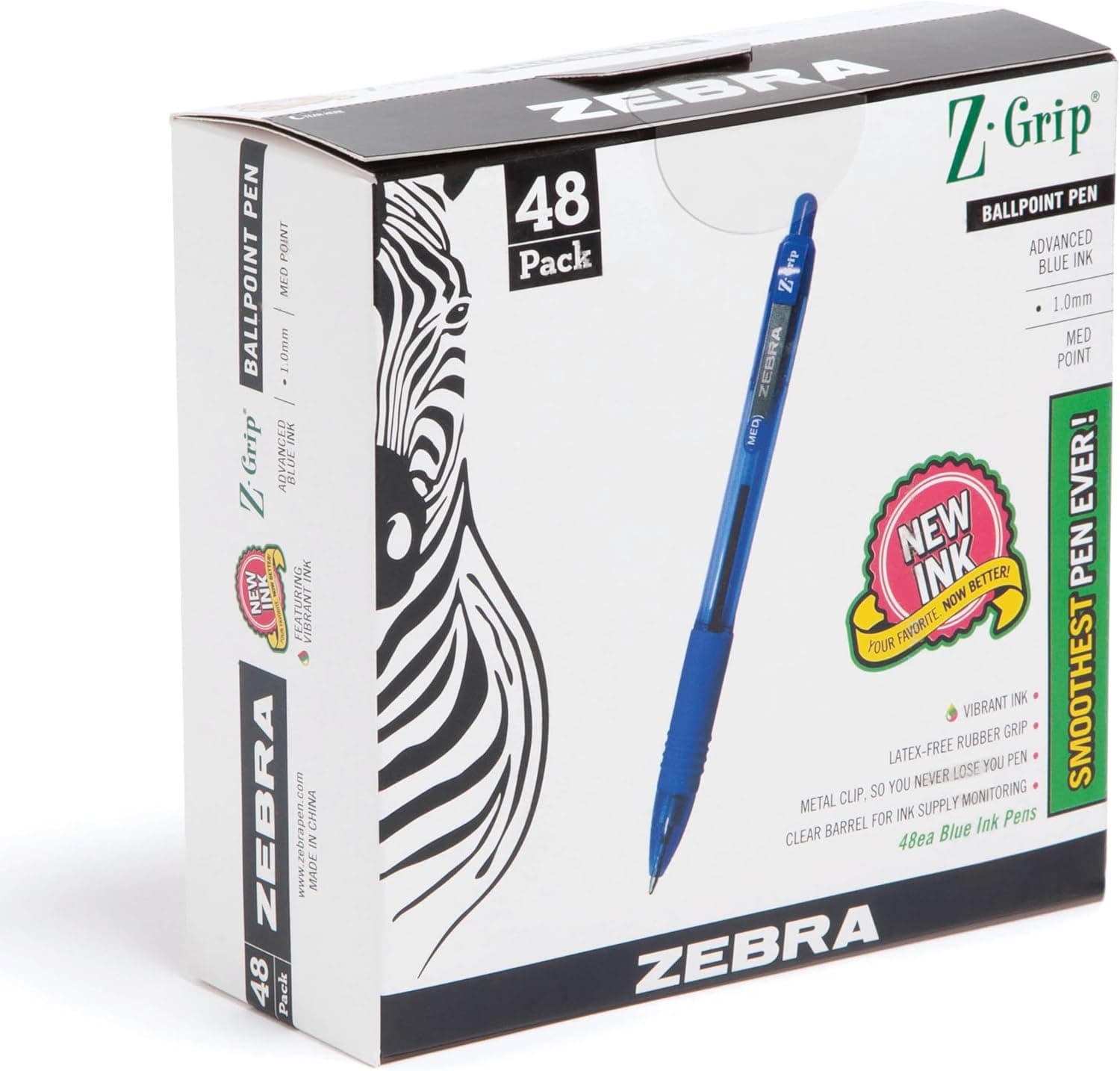 Zebra Pen Z-Grip Retractable Ballpoint Pen, Smooth-Flowing Blue Ink, 1.0mm Medium Point, School & Office Supplies, Ideal for Note-Taking, Journal and Planner Use, 48-Pack (22248)