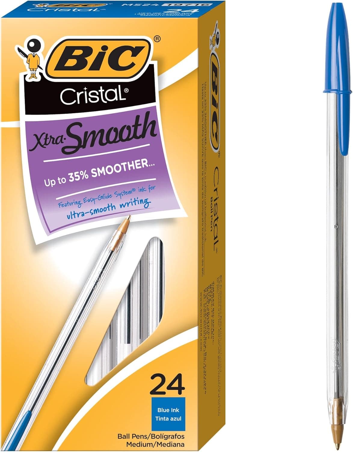 BIC Cristal Xtra Smooth Blue Ballpoint Pens, Medium Point (1.0mm), 24-Count Pack, Extra Smooth and Reliable Ballpoint Pens
