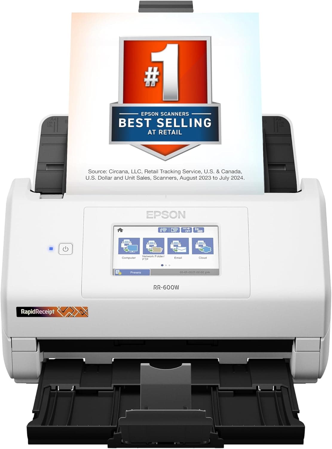Epson RapidReceipt RR-600W Wireless Desktop Color 2-Sided Document & Tax Receipt Scanner with ScanSmart AI PRO Data Management Software for PC & Mac Touchscreen & 100-Page Auto Document Feeder