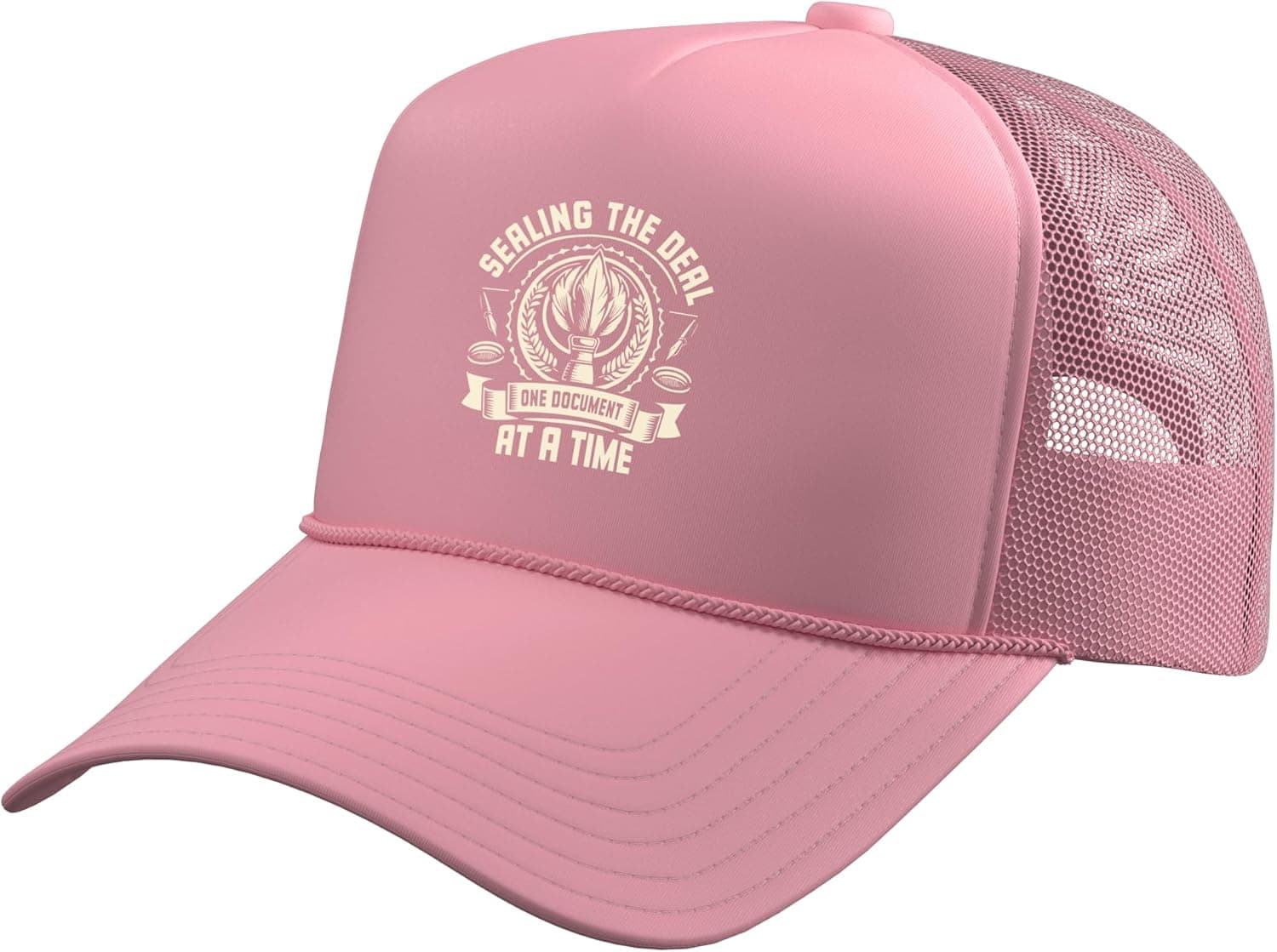 Sealing The Deal one Document at a Time Notary Trucker Hat with Adjustable Mesh Back, Pink