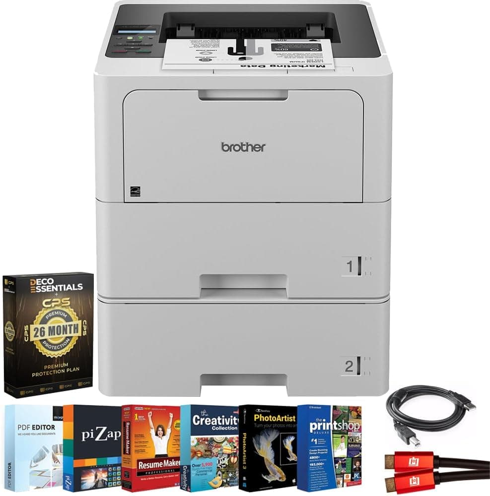 Brother HL-L6210DWT Wireless Monochrome Laser Printer, Auto Duplex, Dual Paper Trays, High-Speed Office Printer, Large Paper Capacity, 26-Month Warranty, USB Cable & Software Bundle