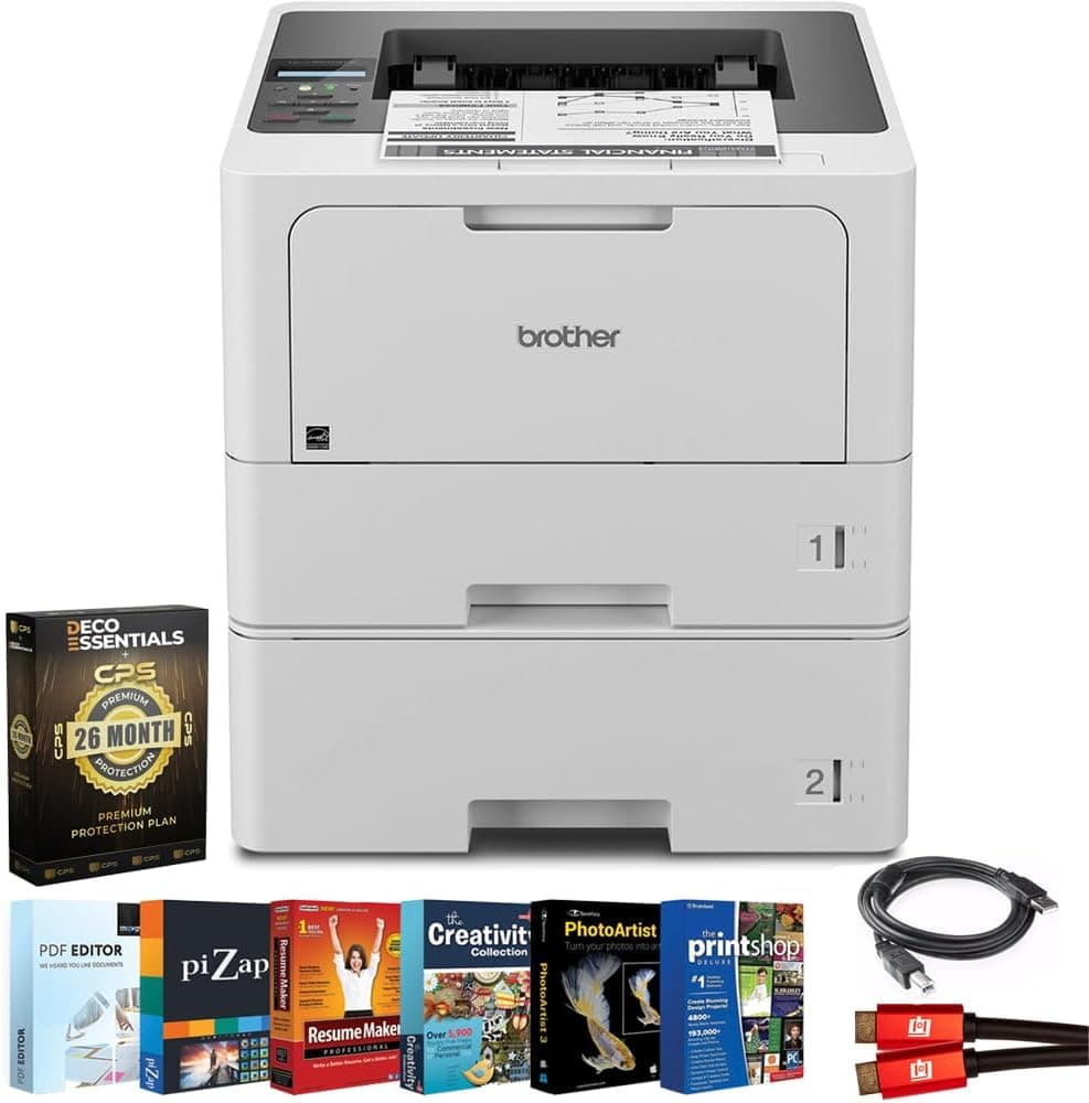 Brother HL‑L5210DWT Business Monochrome Laser Printer Bundle with 26‑Month Protection Plan, Printer Essentials Digital Download, 6FT 4K HDMI 2.0 Cable & 6FT USB Type‑A to Type‑B Printer Cable
